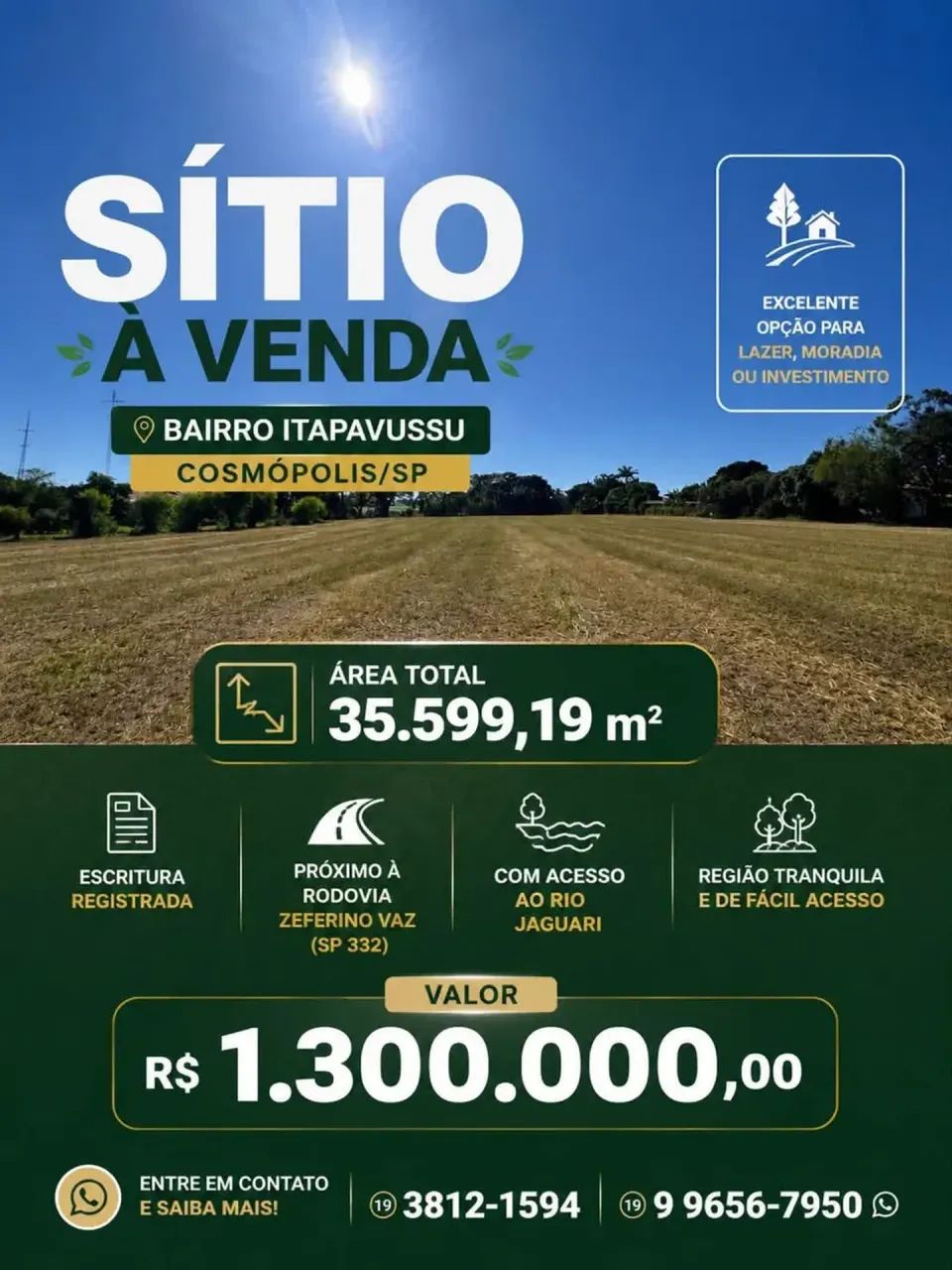 Sitio com 35.599,19m², no bairro Itapavussu, em Cosmópolis-SP.