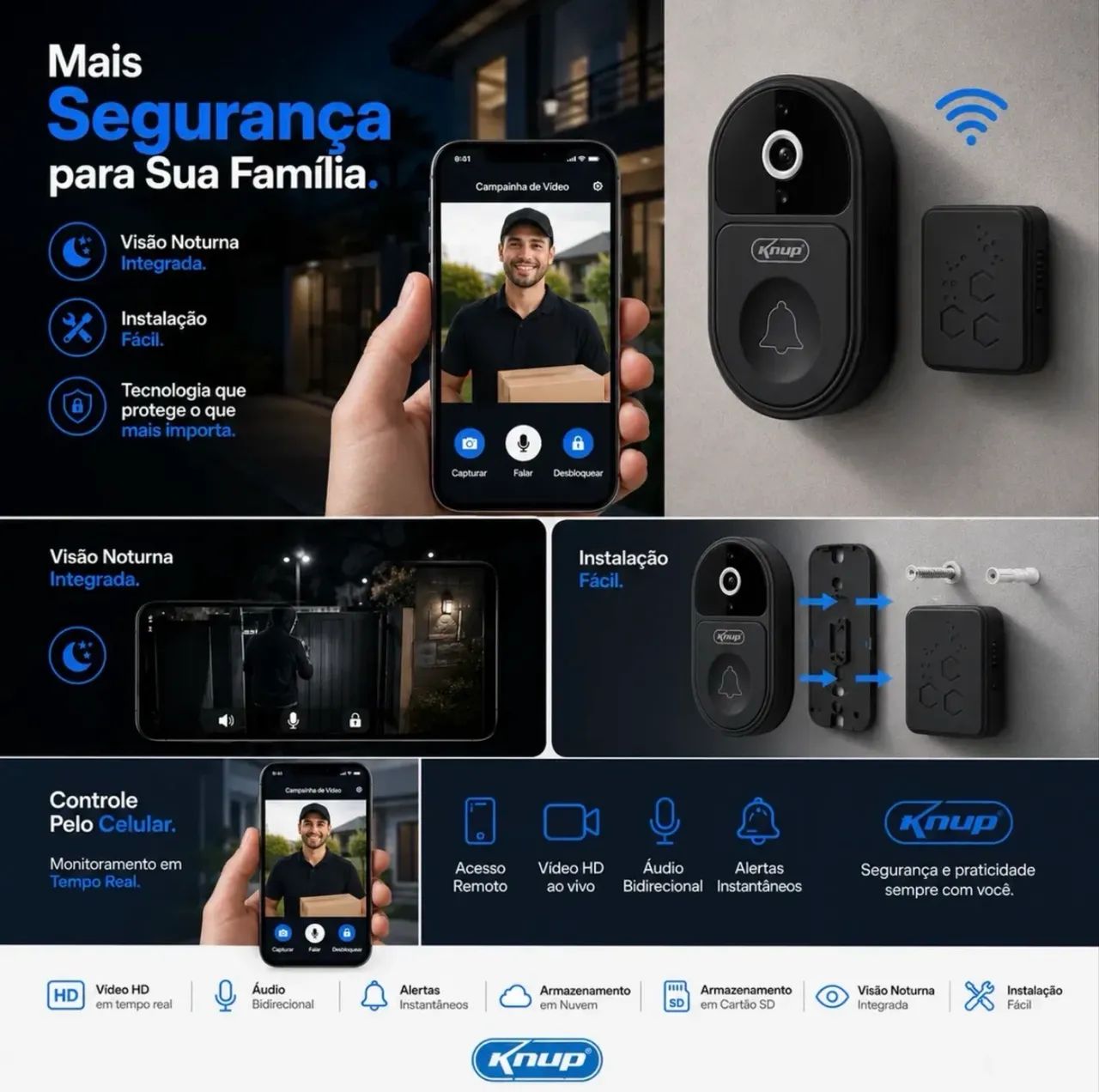 Campainha Inteligente Knup Wi-Fi Com Câmera HD Visão Noturna CA202 - Foto 3