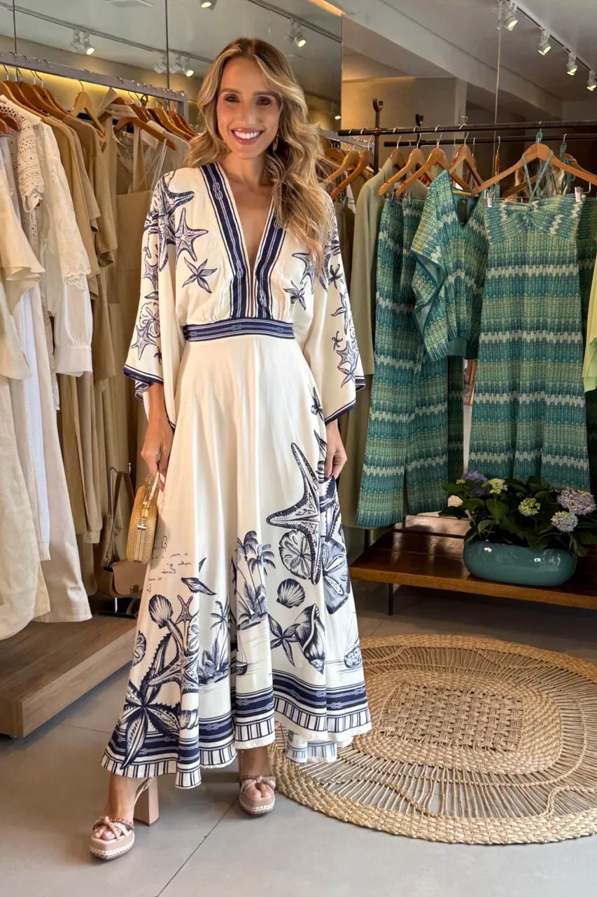 Vestido Midi Mar de Ondas Bege