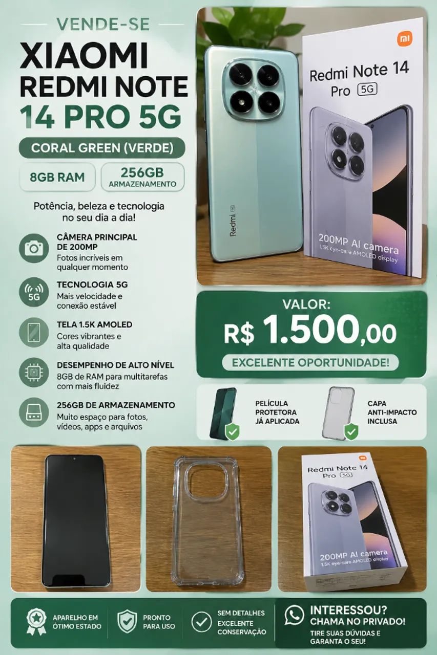 Xiaomi Redmi Note 14 Pro 5G 256GB 8GB RAM Verde + Capa e Película