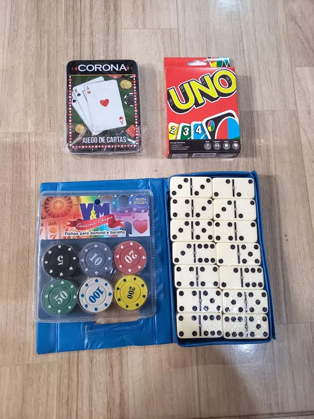 Kit 3 Jogos De Mesa Dominó + Uno + 2 Baralhos Cartas Truco