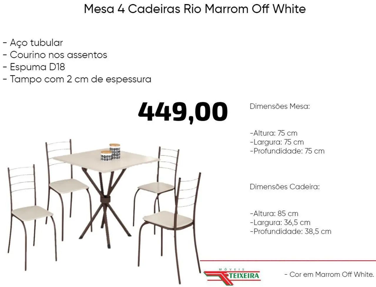 Mesa 4 cadeiras Rio Marrom Off white- PRONTA ENTREGA!!