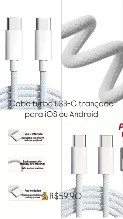 Cabo Turbo USB-C Trançado para iOS ou Android - 30W