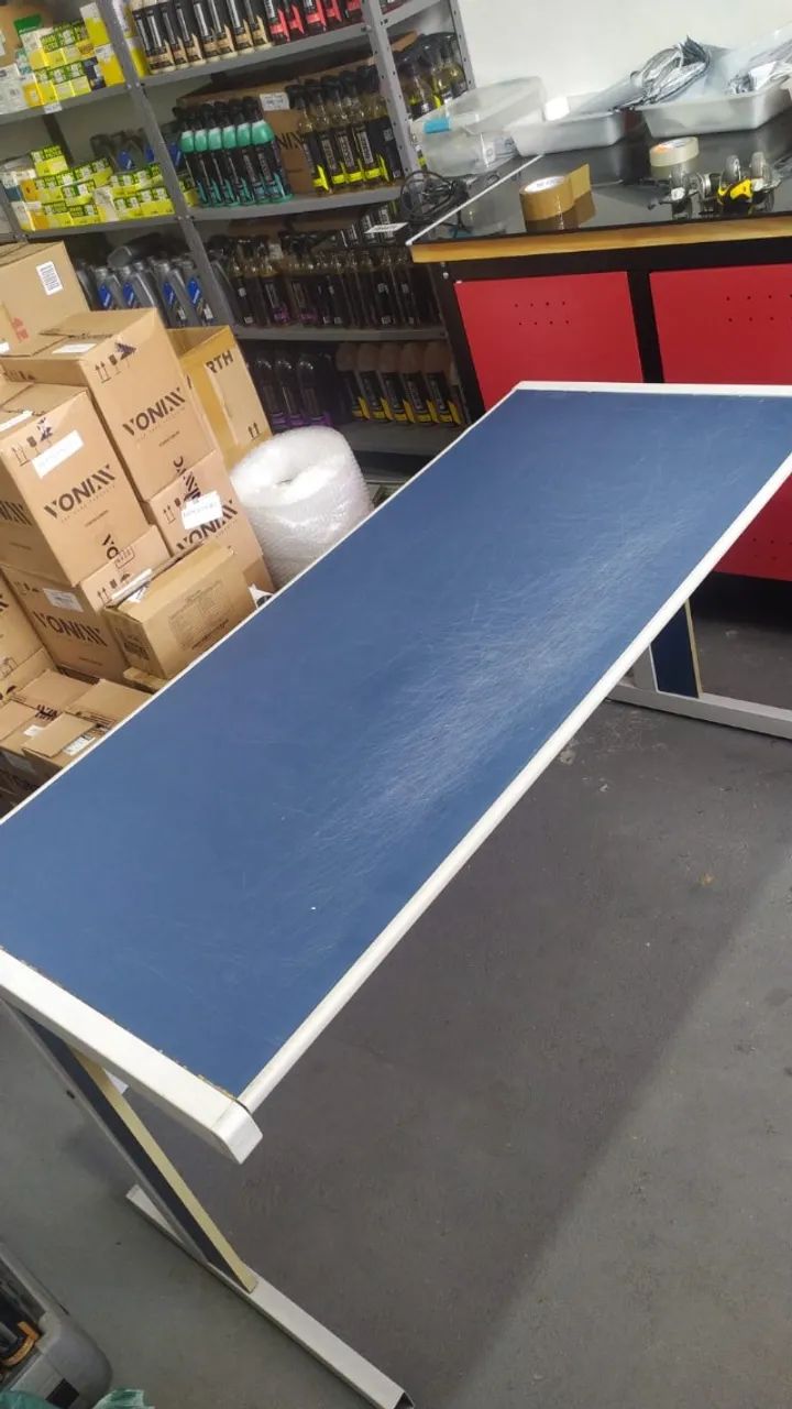 Mesa Escritório Bancada Reta Azul e Cinza 1,38cm x 61cm x 74cm
