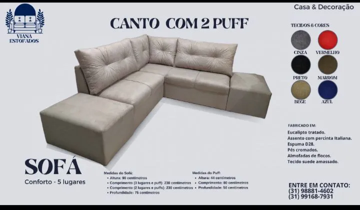 Sofá de Canto novo com 2 Puffs - 5 Lugares