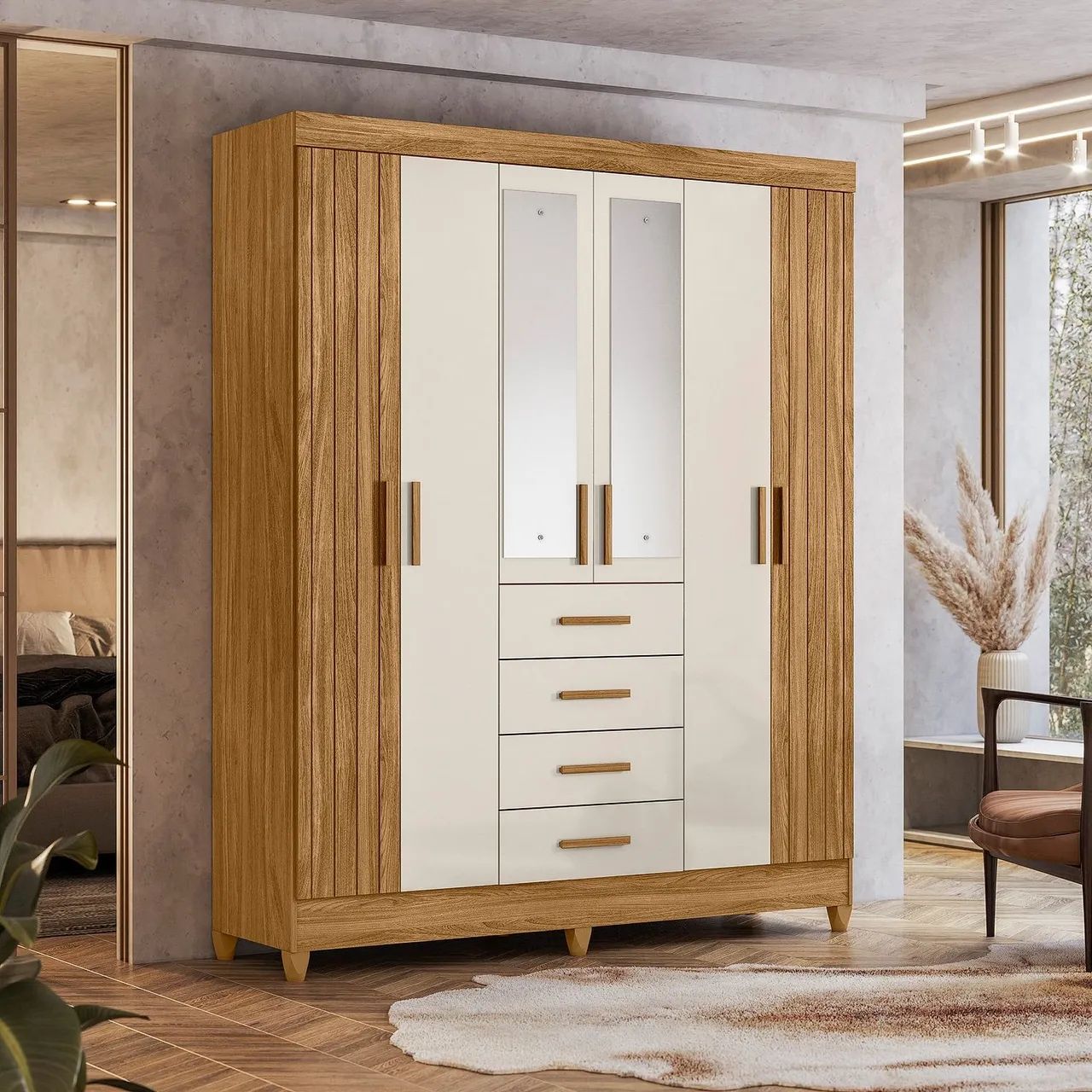 Guarda-Roupa 6 Portas com Espelho 4 gavetas 