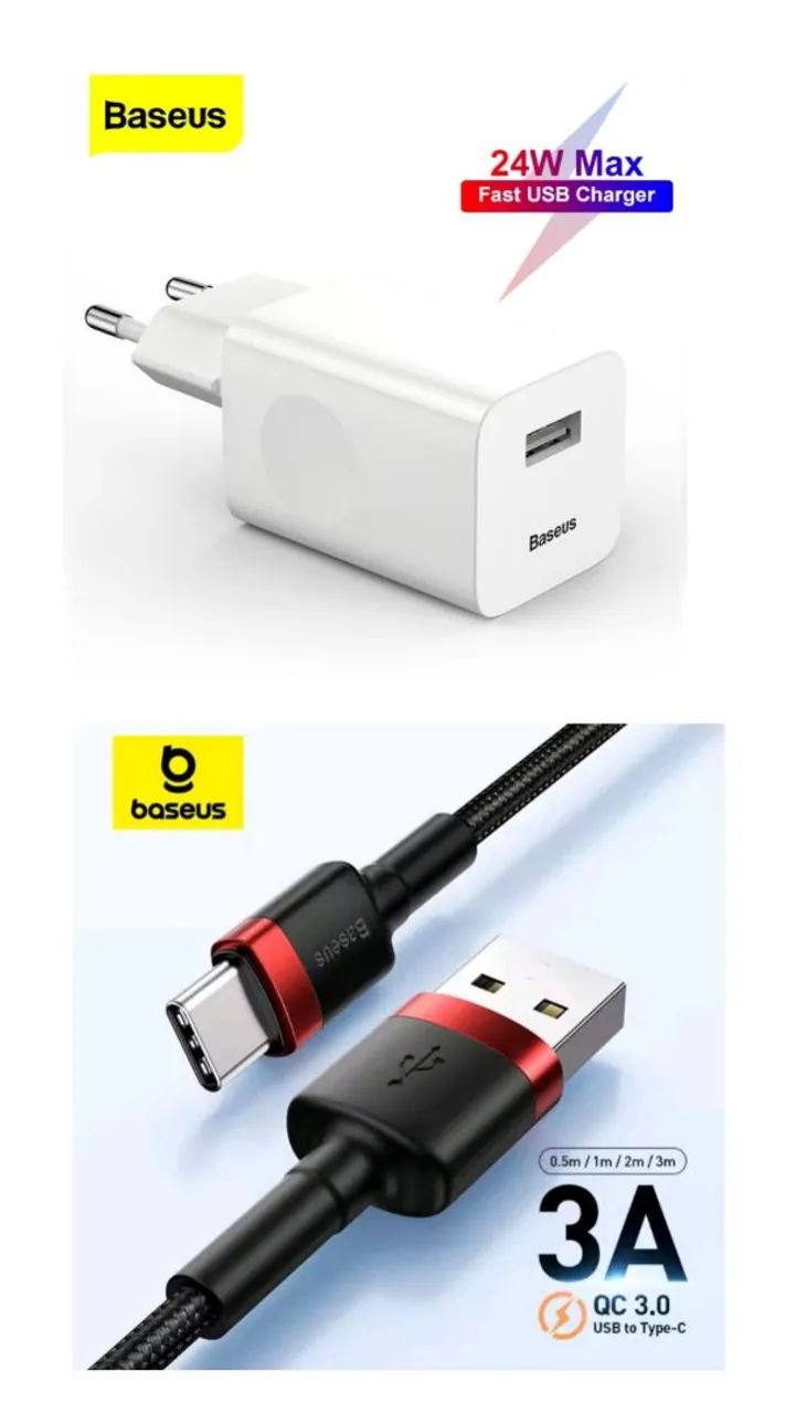 Carregador Baseus 24W USB Com Cabo USB C 2 Metros Novo
