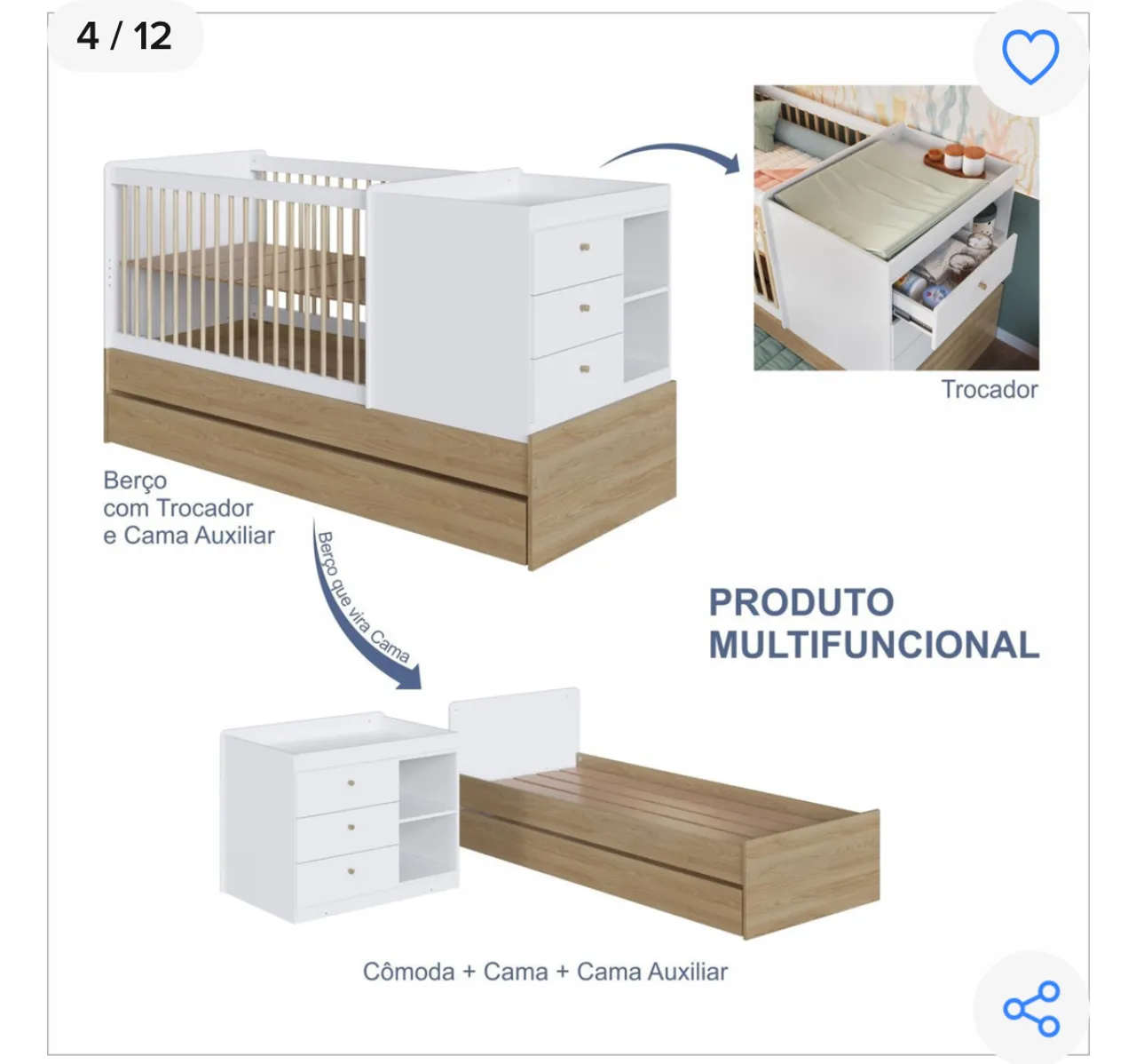 Berço Multifuncional com Trocador e Cama Auxiliar