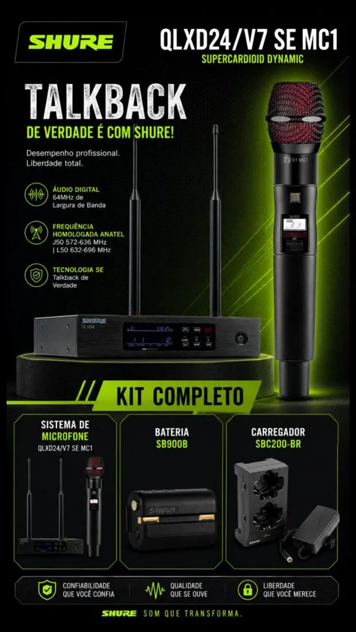 Microfone Shure Profissional QLXD24 V7 SE Com TalkBack Carregador Duplo e Bateria
