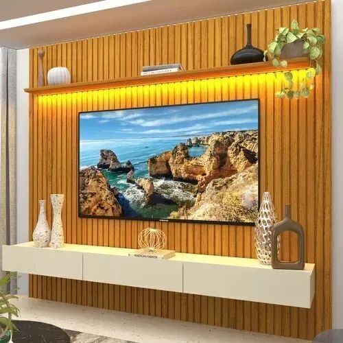 Painel para TV até 90 Polegadas 229x250cm Ripado com LED 3 Gavetas 100% MDF - Gelius