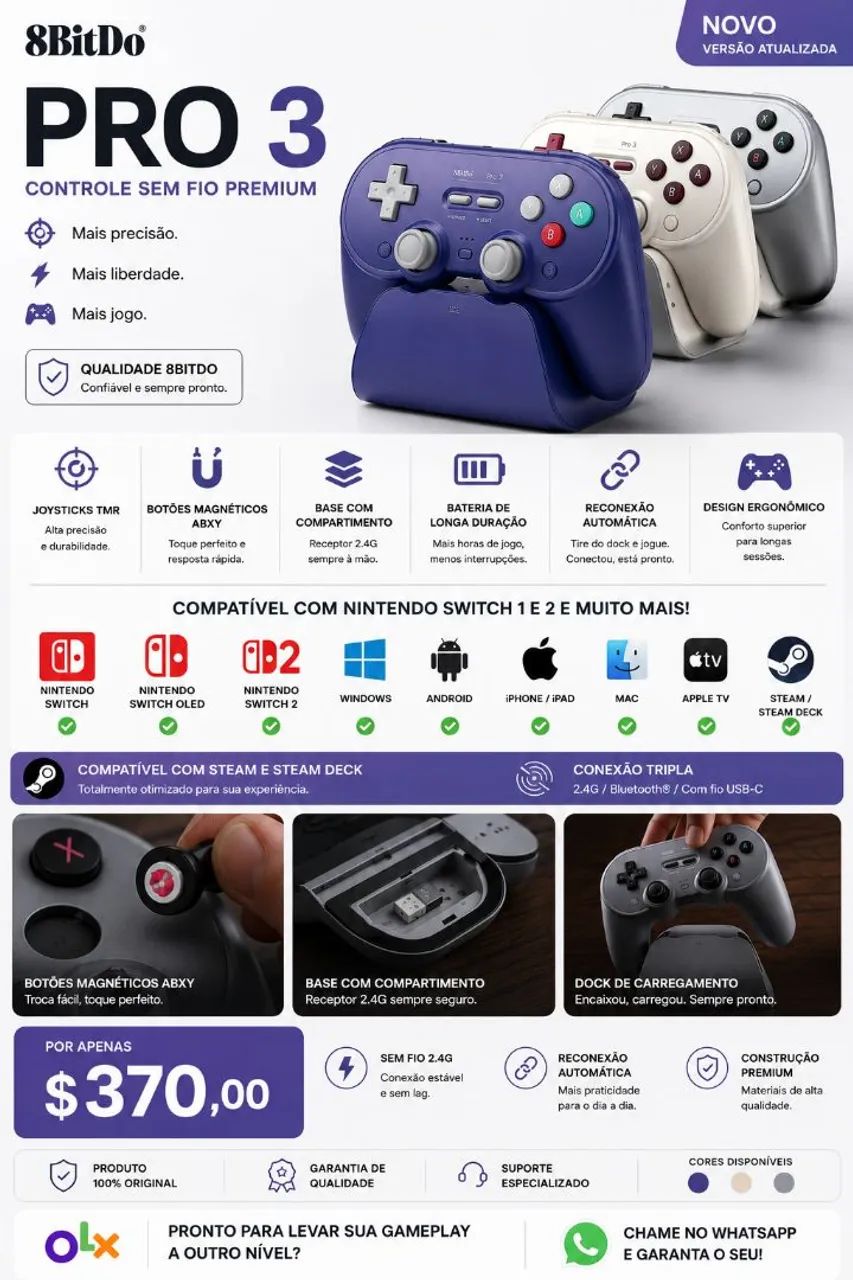 Controle 8BitDo Pro 3 Bluetooth Dock Nintendo Switch PC Steam - Foto 5