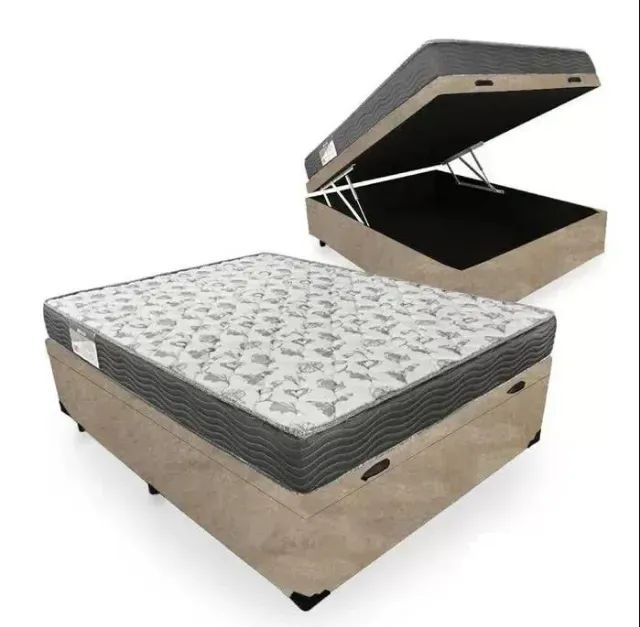 Cama Box Baú cor Bege Tecelagem e Colchão de Casal Molas Ensacadas