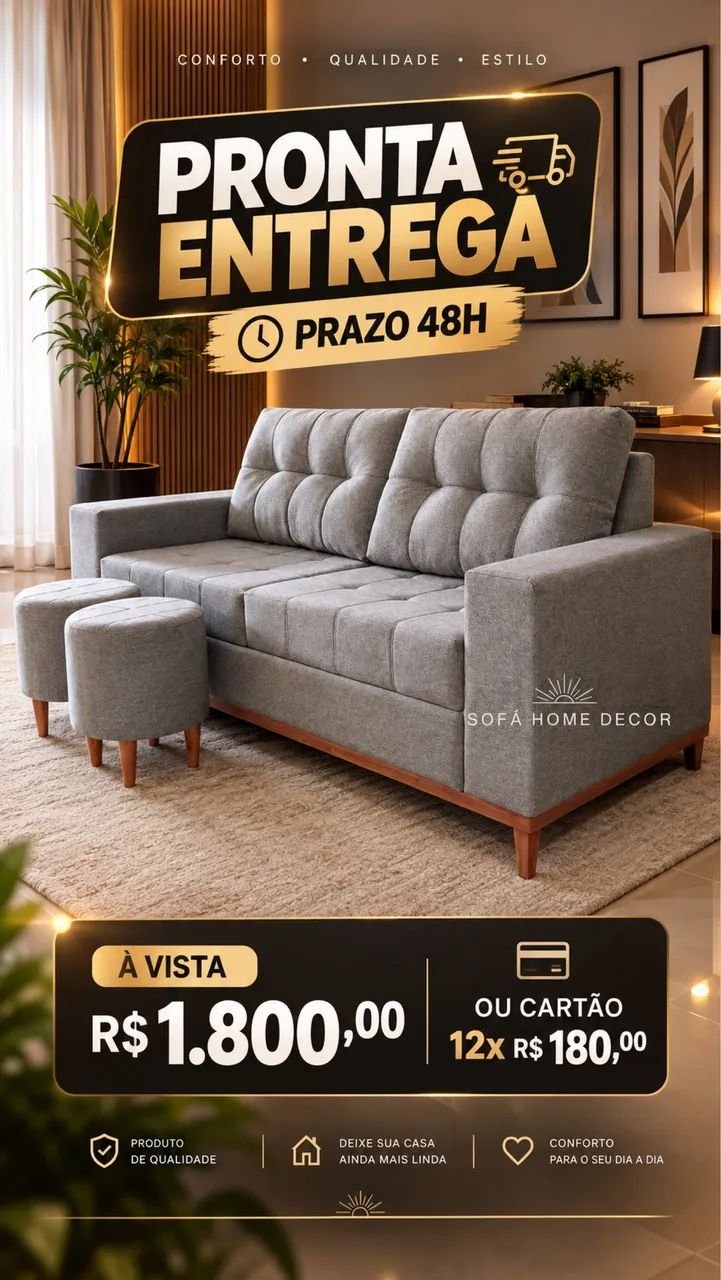 Sofá brinde com puff pronta entrega cor cinza claro 