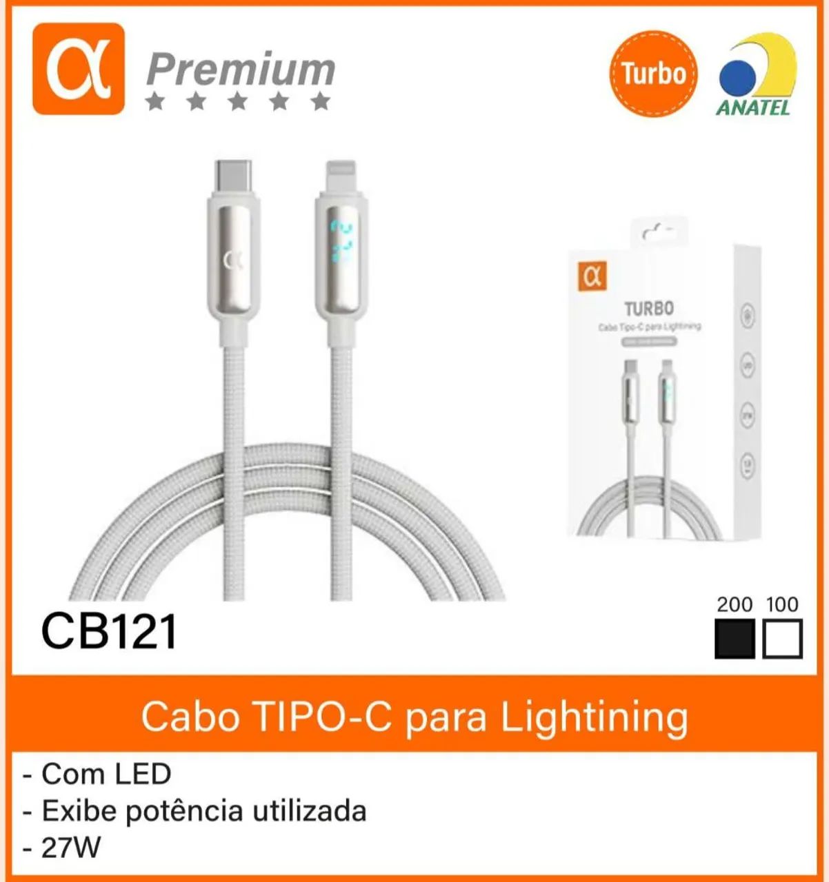Cabo tipo c com led mostra potência lançamento 