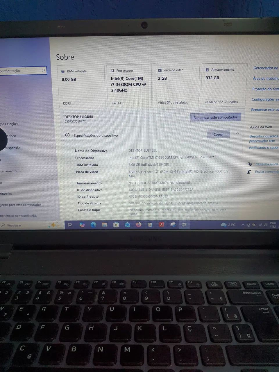Notebook Samsung Intel i7 8gb RAM HD 1tb usado - Foto 4