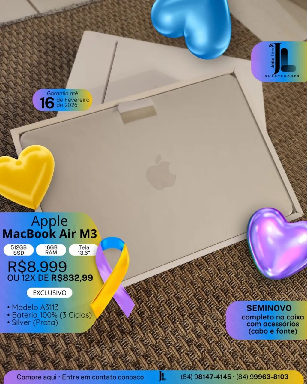 MACBOOK AIR M3, 512GB, 16GB RAM, TELA 13.6?, SEMINOVO NA GARANTIA, EXCLUSIVO!