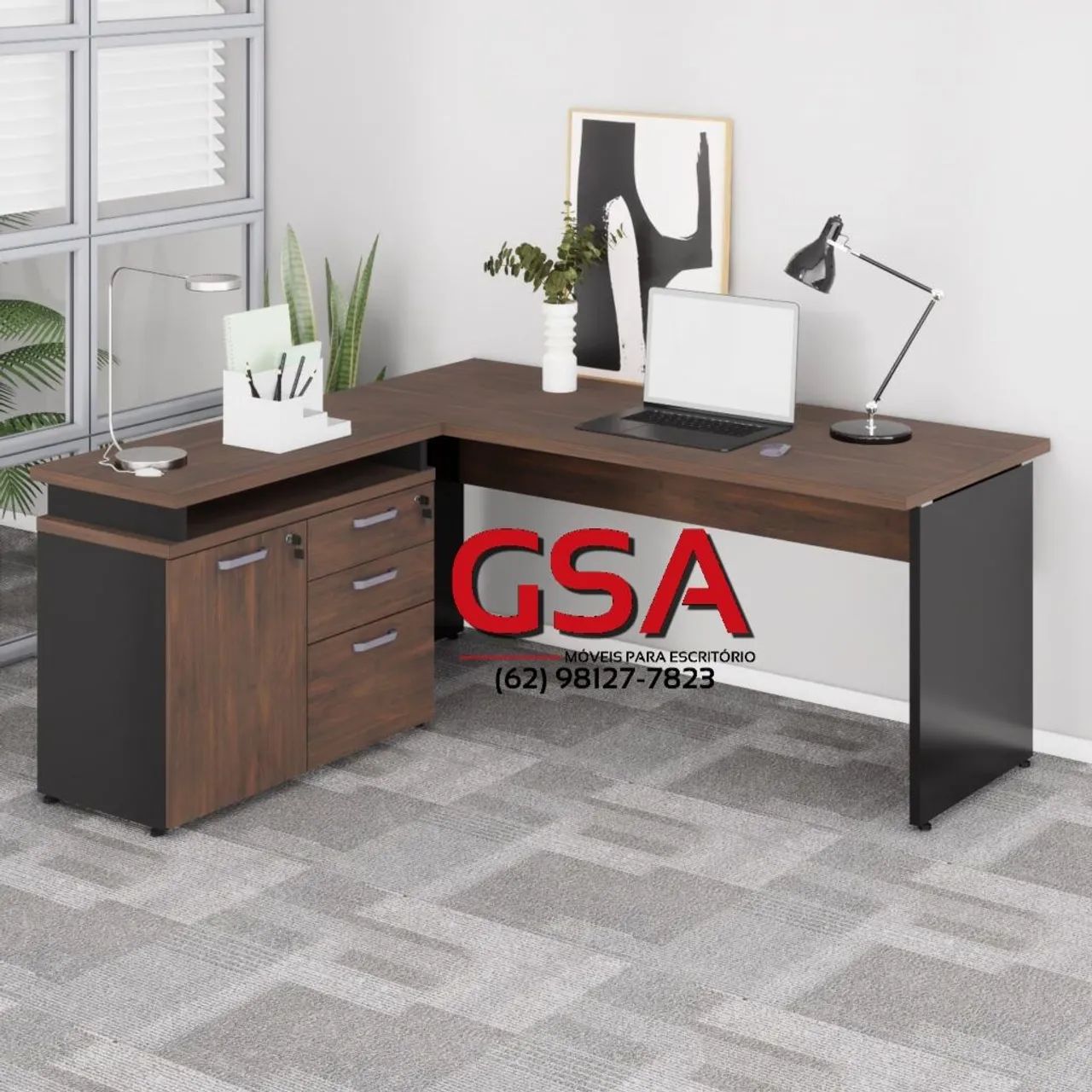 Mesa de Escritório em L  com Gaveteiro e Armário 