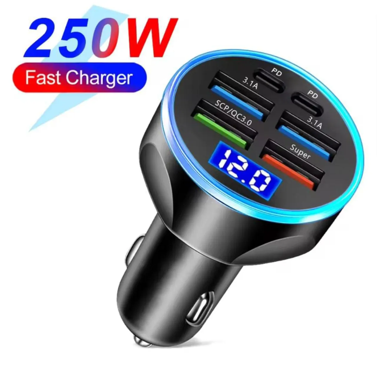Fonte Carregador de carro 250W 6 portas turbo rápido com display digital