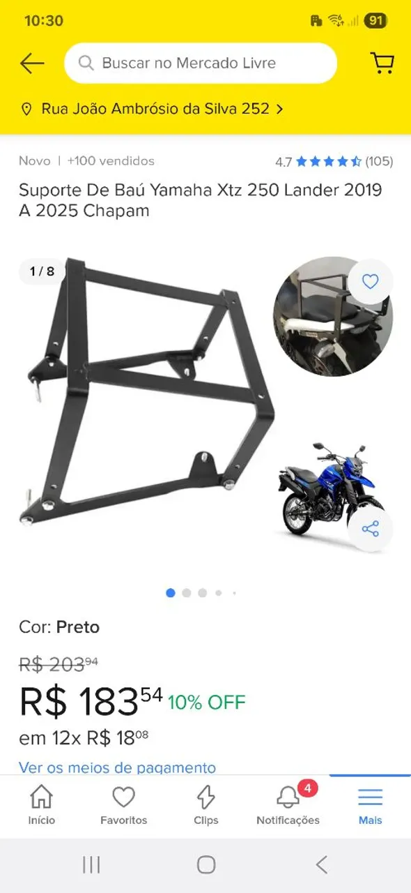 Suporte de Baú Yamaha Xtz 250 Lander 2019 A 2025 Chapam