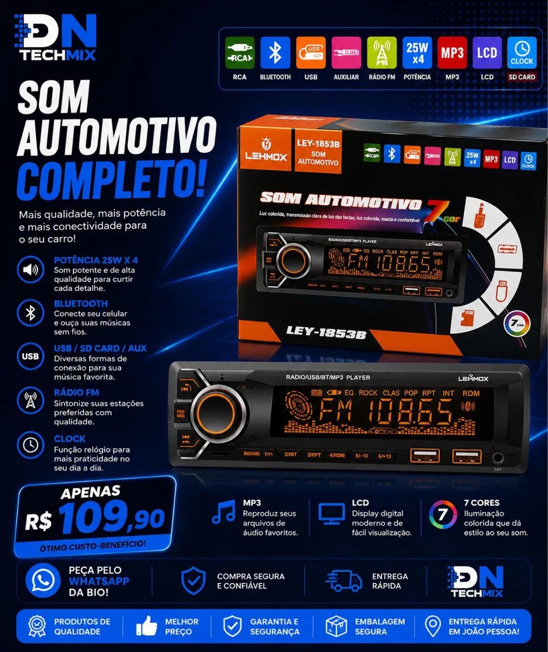 Som para carro Bluetooth/USB lacrado