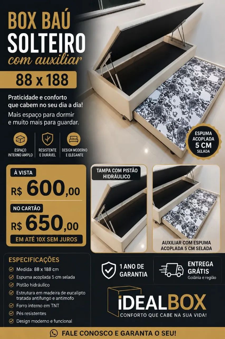BOX BAÚ SOLTEIRO COM AUXILIAR 88*188