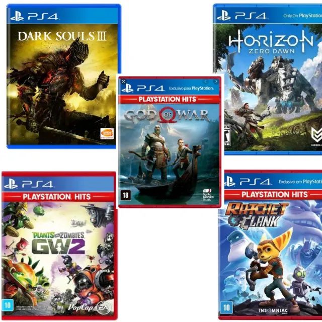 5 jogos para PS4 ( Dark Souls III, Horizon, God of War, Plants and zombies, Ratchet )