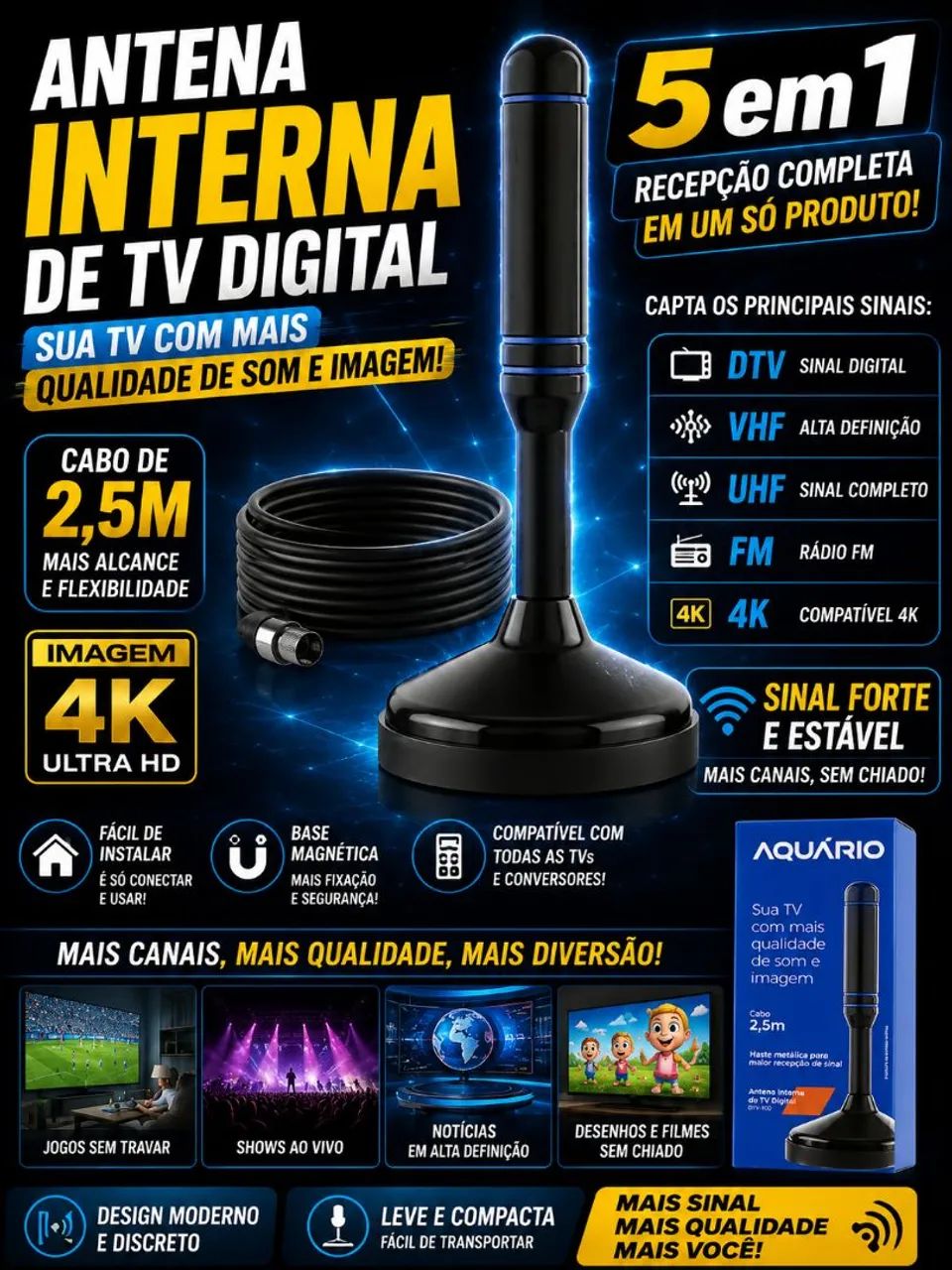ANTENA INTERNA DE TV DIGITAL AQUÁRIO DTV-100 ? MAIS QUALIDADE NA SUA TV!