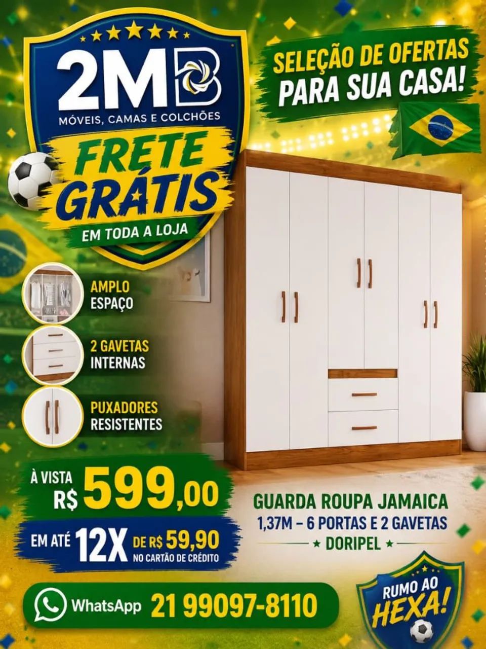 Guarda Roupa 6 Portas 2 Gavetas