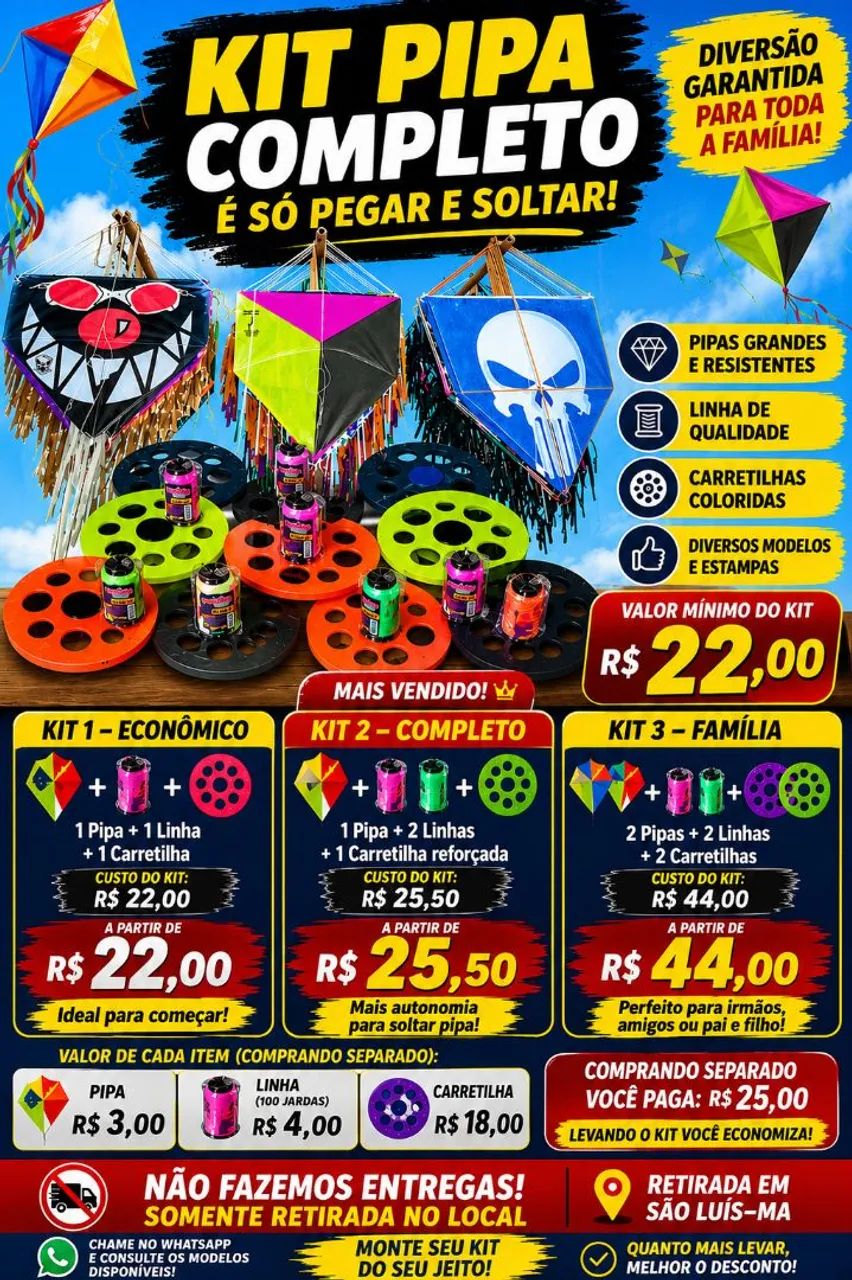 KIT PIPA + LINHA + CARRETILHA 22,00