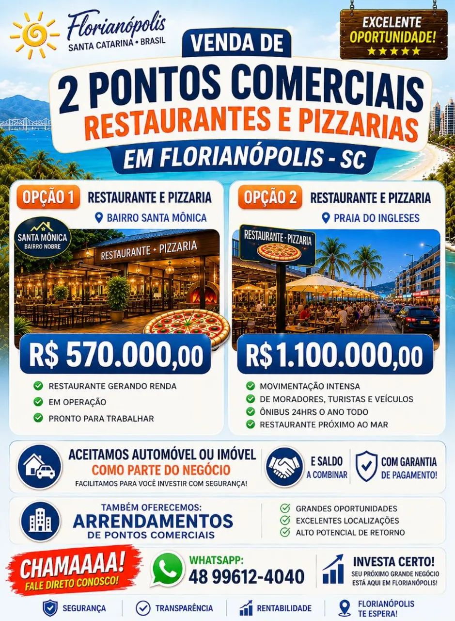 PVenda de restaurantes e pizzarias em Florianópolis, Santa Catarina. 