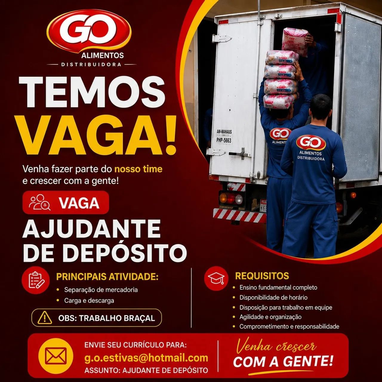 OPORTUNIDADE DE EMPREGO NA G.O ALIMENTOS  - Foto 4