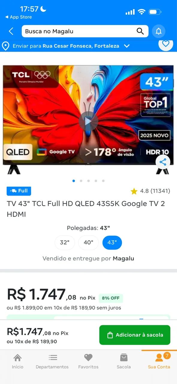 TV 43 POLEGADAS TCL Full HD QLED 
