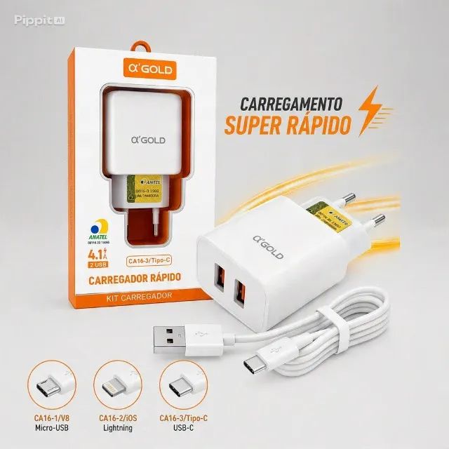  CARREGADOR RÁPIDO ?'GOLD - Tipo C, Iphone e V8 | 2 USB  - Foto 2