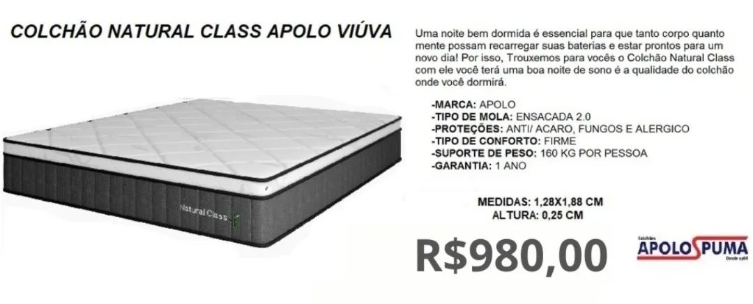 COLCHÃO DE VIUVA MOLAS APOLO ESPUMAS  128X188X25