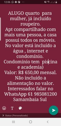 Alugo quarto mobiliado p mulher e