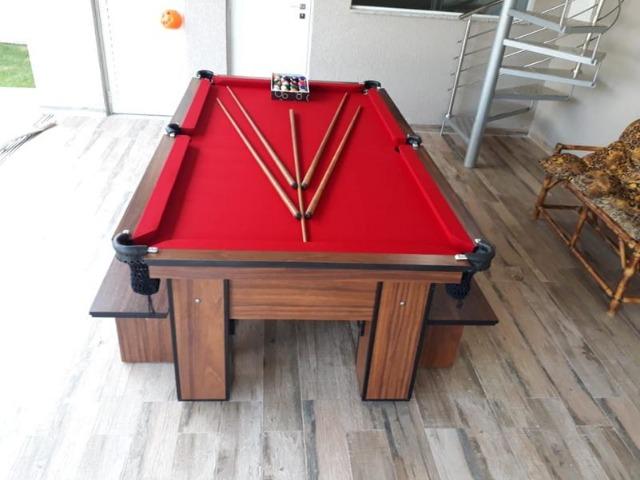 Mesa de Sinuca 4 Pés Laterais Tecido Vernelho Cor Imbuia Modelo PHT4163 - Foto 2