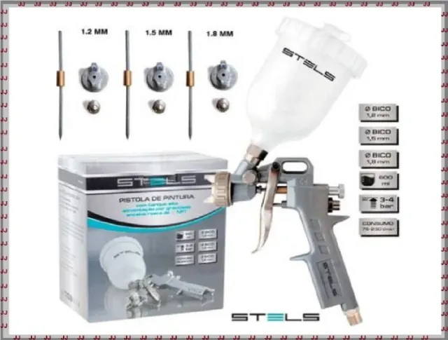 Pistola Pintura Gravidade 600ml e 3 Bicos 1.2 1.5 1.8 Stels 