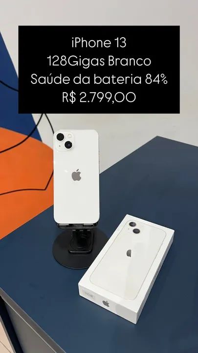 iPhone 13 128GB Branco Saúde de bateria 84% R$ 2.799,00 Semi Novo