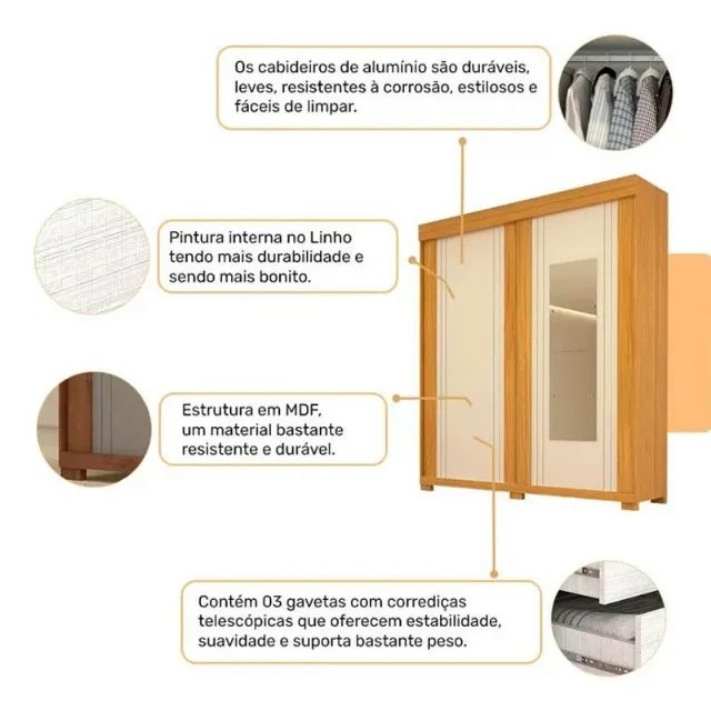 "Qualidade e Design: Roupeiro Heloísa em MDF com Espelho e 1,80m de Largura"       - Foto 4