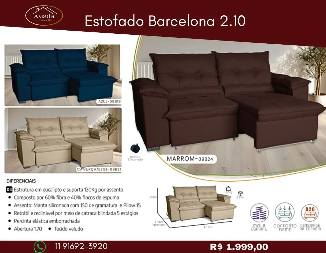 Sofá Barcelona 2.10 - entrega em 3 Dias 