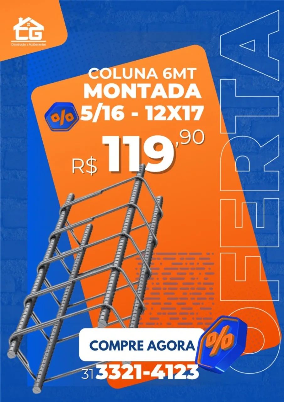 Coluna Pronta 6MTS 8mm 5/16 12x17. R$ 119,90un