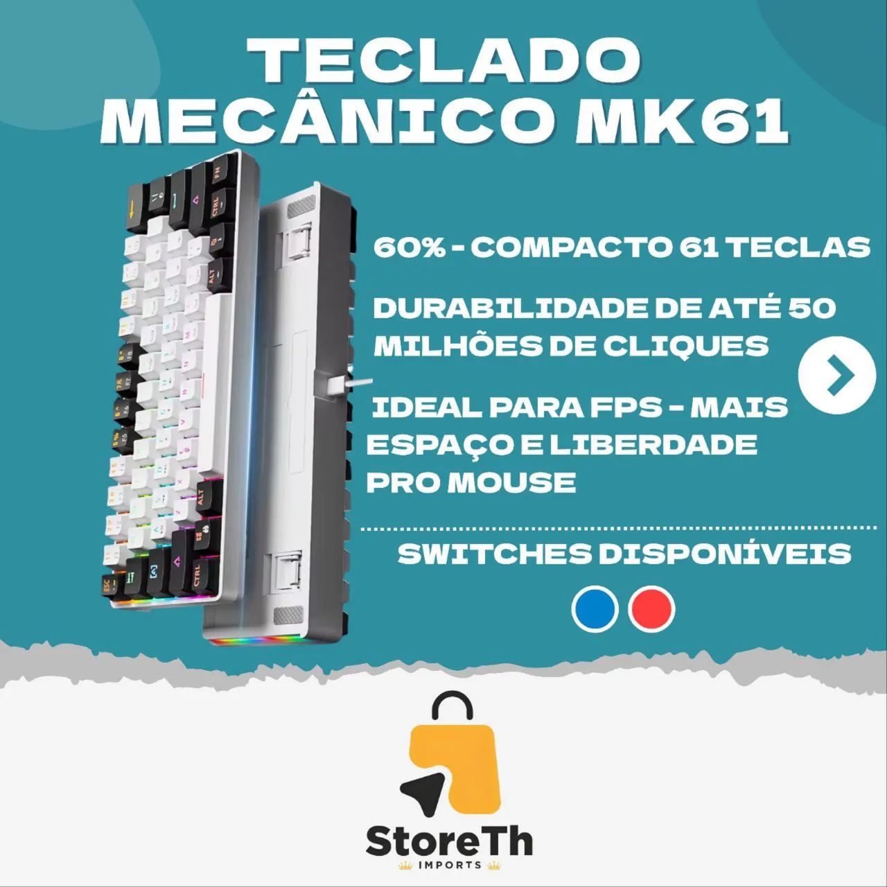 MUCAI MK61 - Teclado Mecânico Gamer Compacto 60%