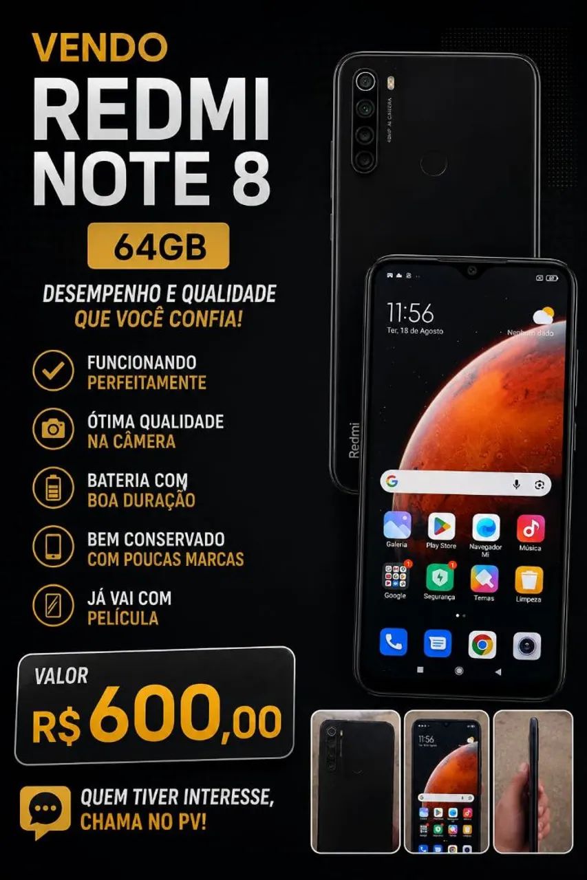 Xiaomi Redmi Note 8 64GB, funcionando perfeitamente e bem conservado ?