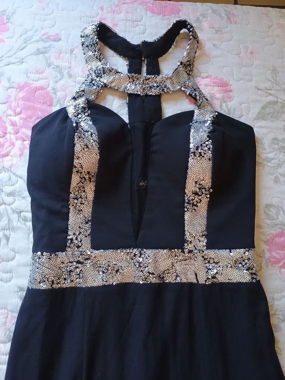 Vestido longo preto com prata