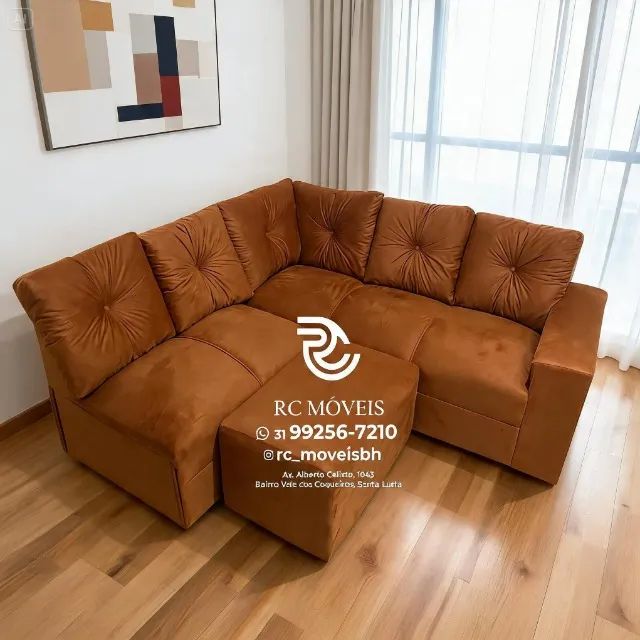 Sofá Canto e Puff Suede Avelã D33 Luxo - Foto 4
