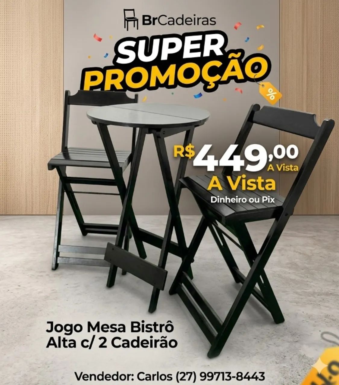 Jogo Mesa Bistrô Alta De Madeira Com 2 Cadeirão Dobráveis 