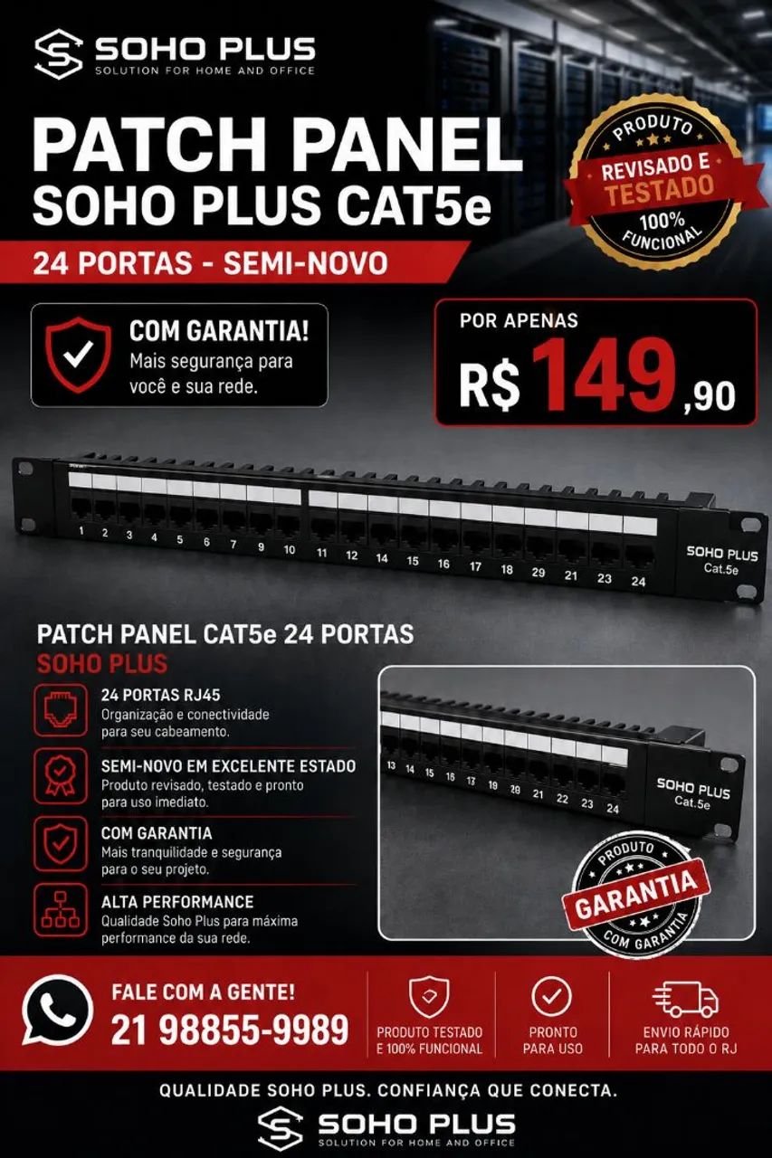 Patch Panel Furukawa Soho Plus Cat5e 24 portas seminovo