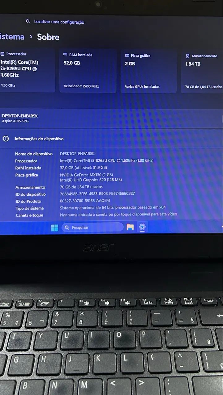 Notebook Acer Aspire i5-8265U, 32GB RAM, SSD 1TB, HD 1TB - Foto 4