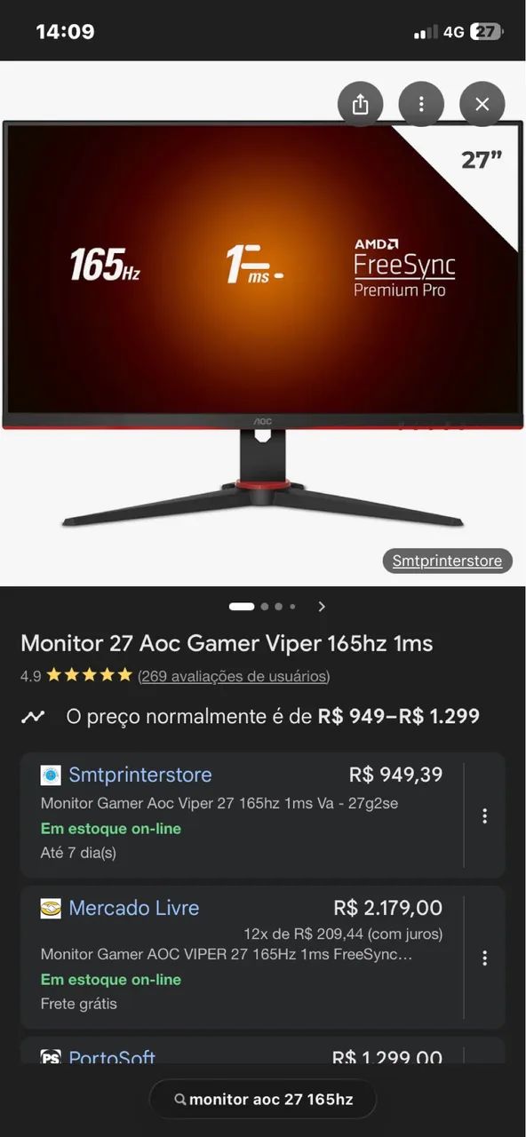 Monitor Gamer AOC 165hz 27 polegadas  - Foto 2