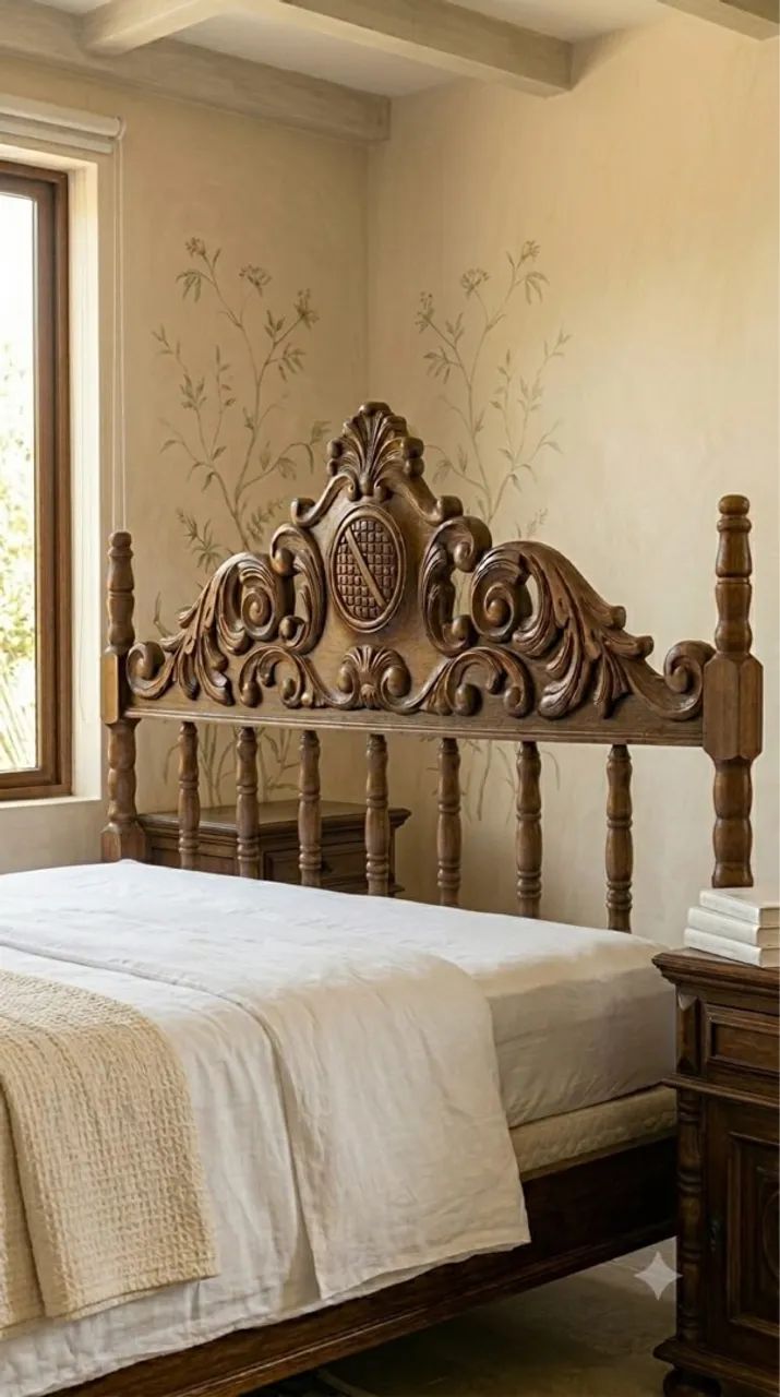 Cabeceira e Cama de Casal Estilo Clássico em Madeira Maciça 